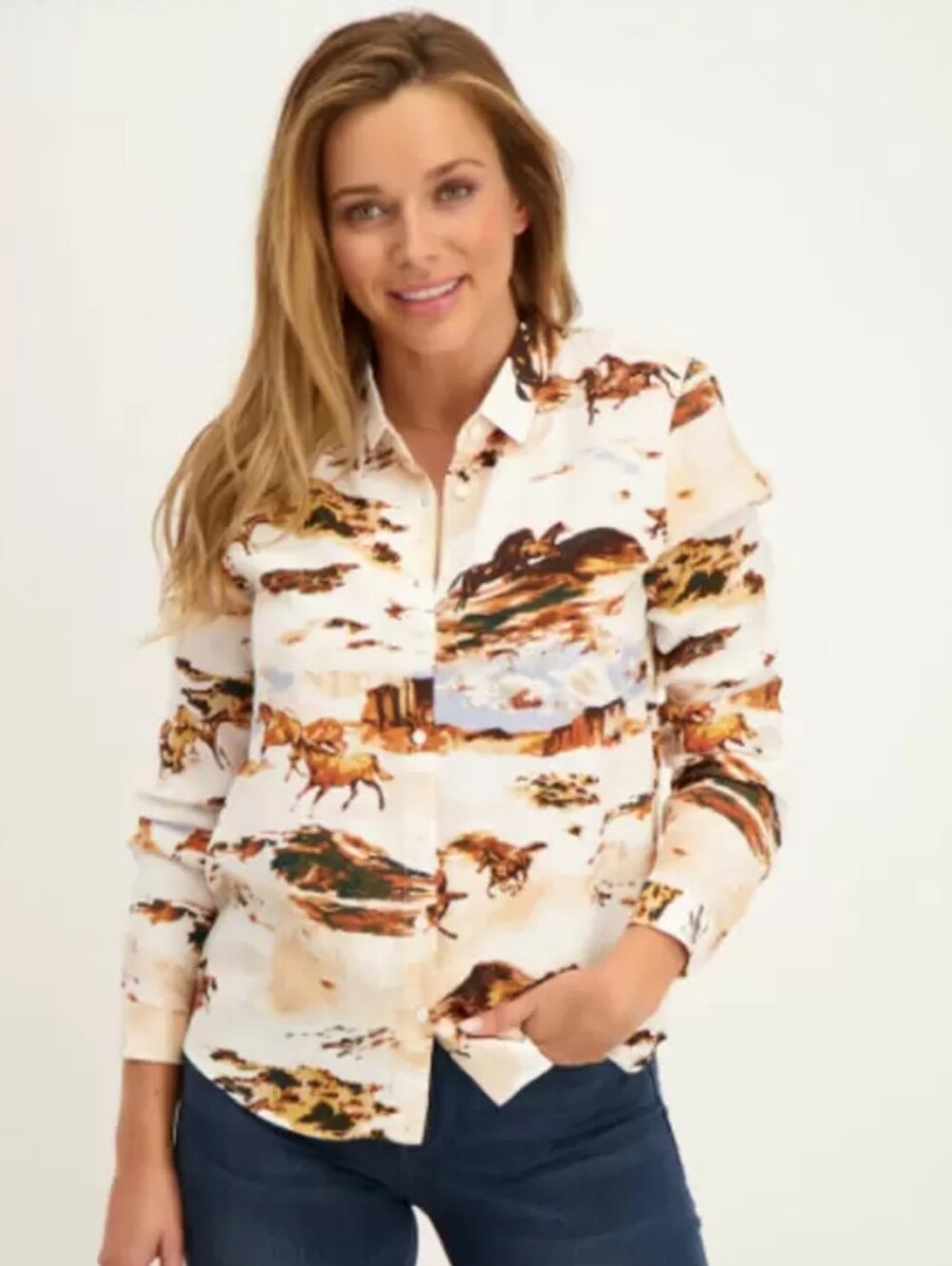 ICHI Vickie Equestrian Boho Horse Print Blouse Button Down Long Sleeves Size 36